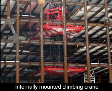 tower crane climbs within the steel building frame